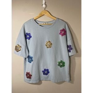 Peach Love California Blue Sequin Flower Short Sleeve Sweatshirt Top Women SMALL